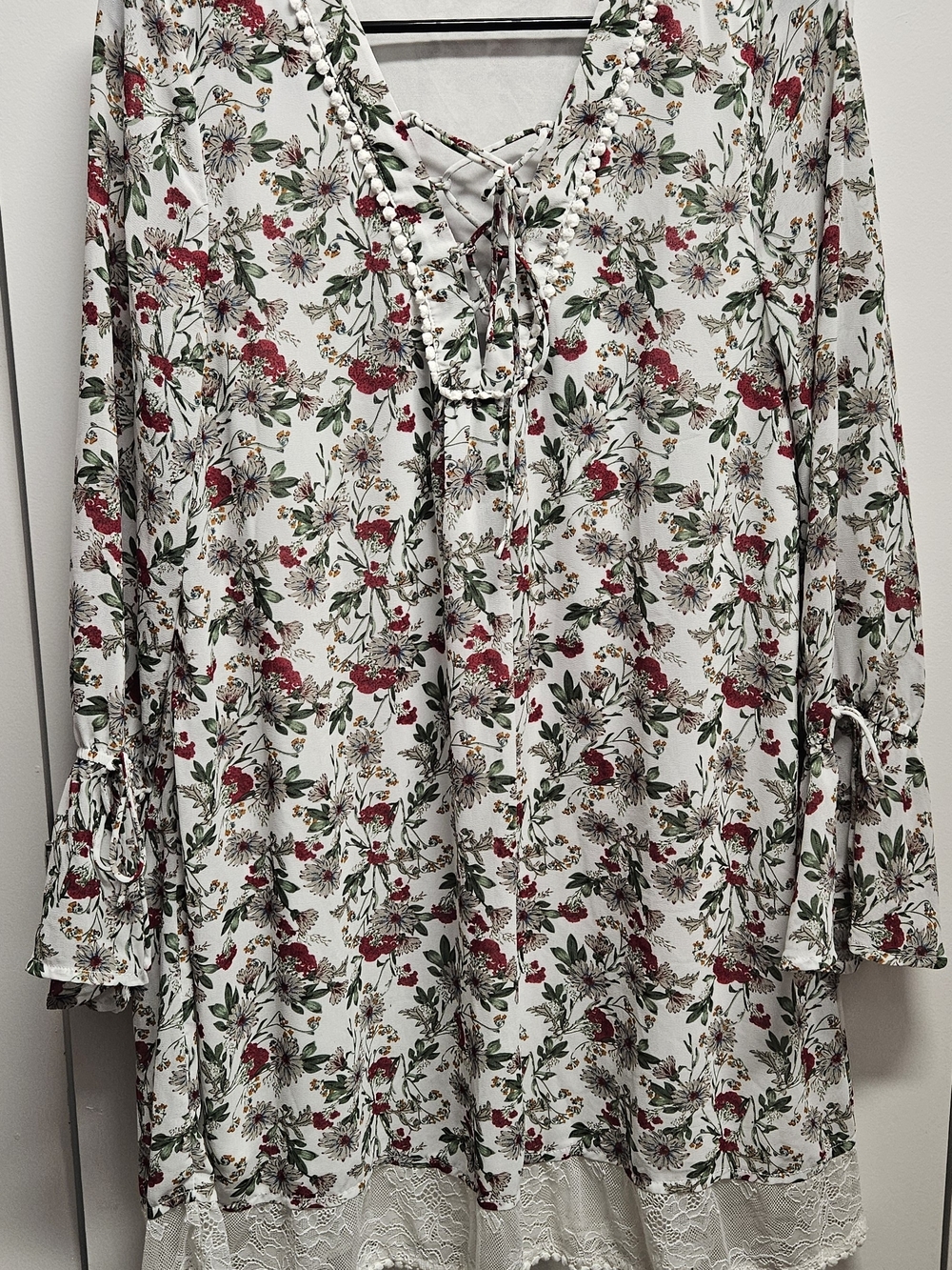 Floral Lace-Trim Peasant Mini Dress - White with Red & Green